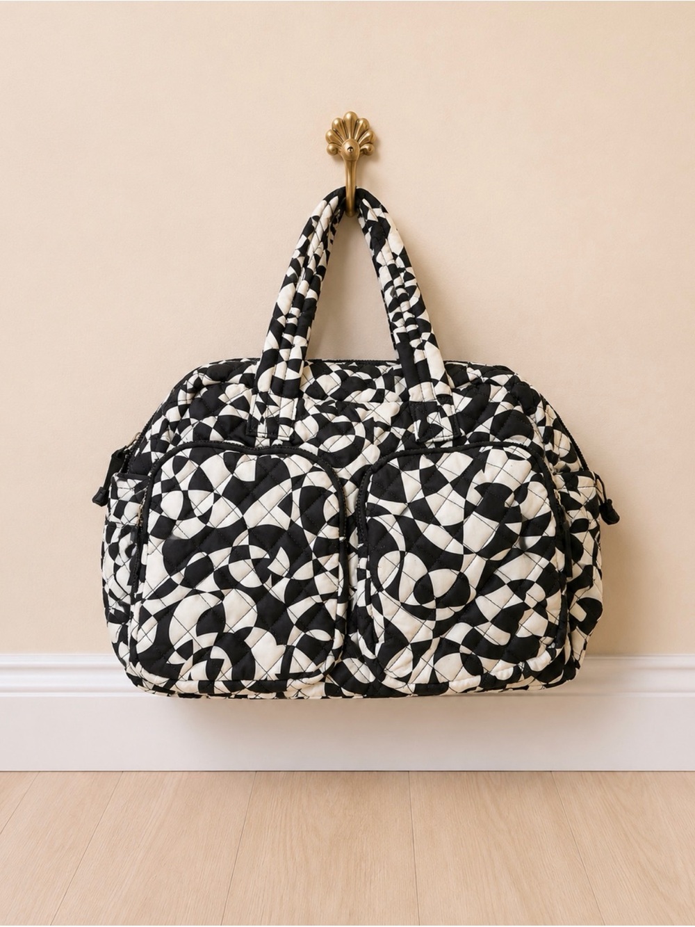 Black White Quilted Weekender Travel Duffel Bag
